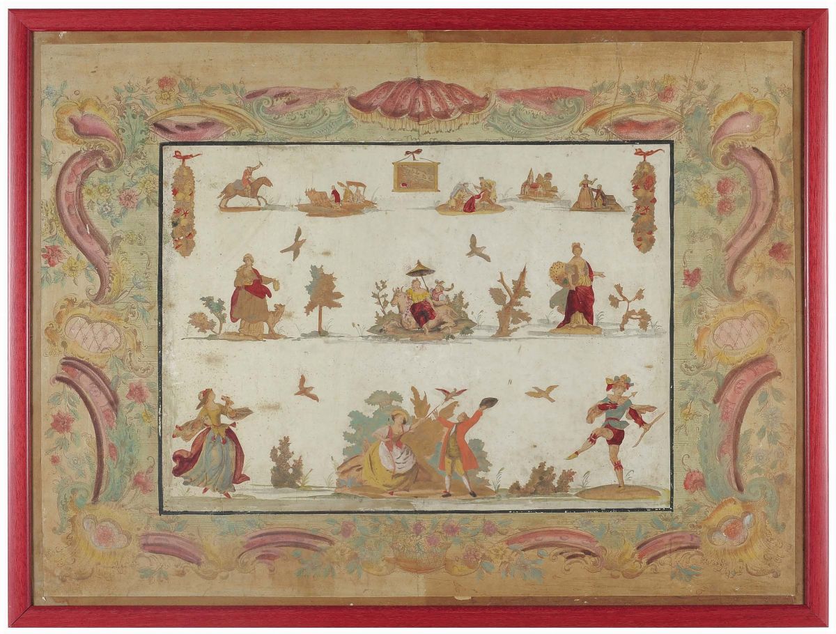 Coppia di Pannelli con Raffigurazione di Scene di Genere alla Maniera del Remondini, Venezia XVII...