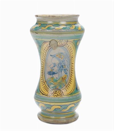 Albarello in Maiolica Burgio con Guerriero, XVII Secolo
