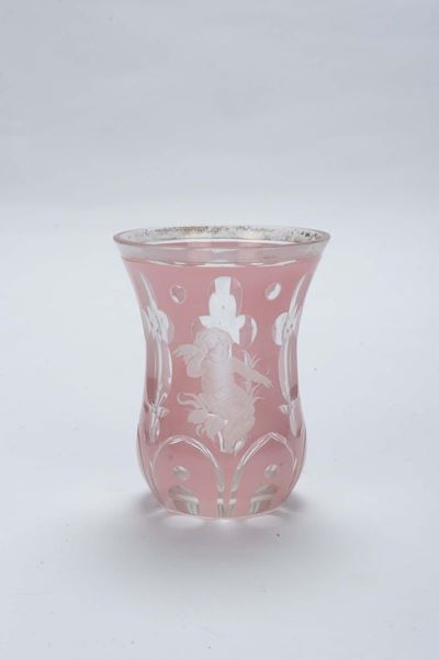 Bicchiere Boemia in Vetro Rosa a Doppio Strato, 1850 Circa