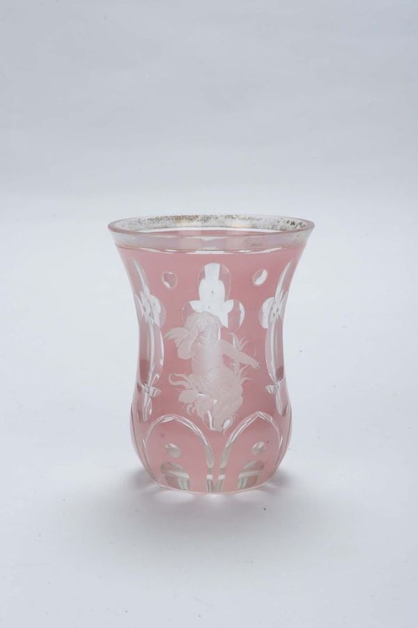 Bicchiere Boemia in vetro rosa a doppio strato, 1850 circa