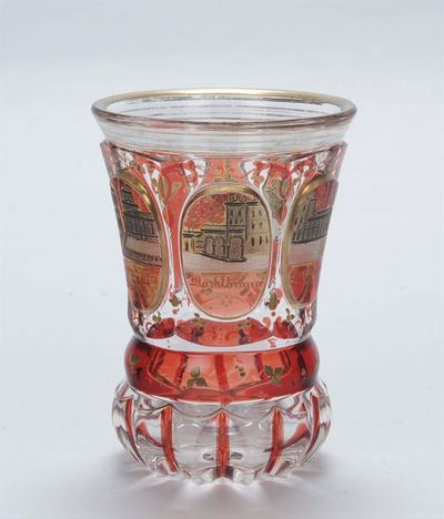 Bicchiere Boemia in Vetro Rosso Inciso, 1880