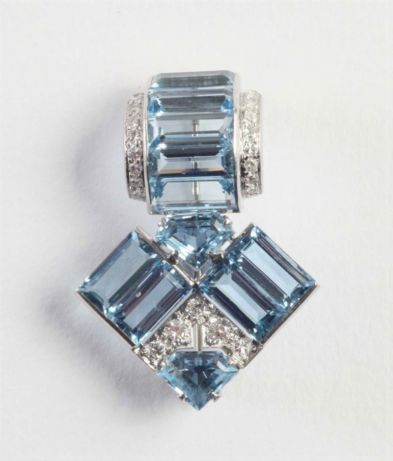 An acquamarine and diamond clip  - Auction Silver, Ancient and Contemporary Jewels - Cambi Casa d'Aste