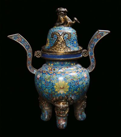Incensiere in Bronzo Dorato e Smalti Cloisonné, Cina, Dinastia Qing, XIX Secolo