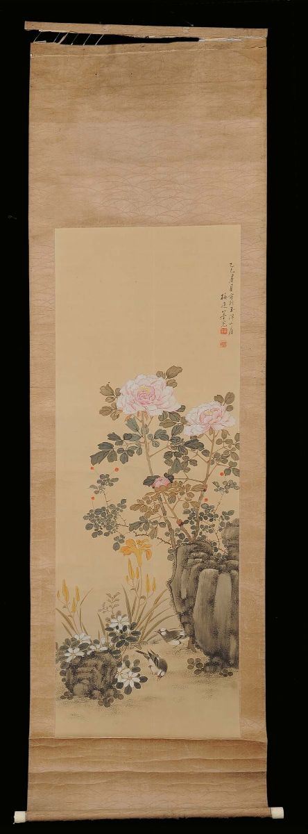 Rotolo in carta e seta raffigurante paesaggio con uccellini e motivi vegetali e floreali, Cina, Dinastia Qing,  fine del XIX secolo
