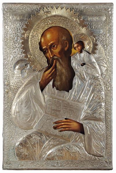 Icona Raffigurante San Giovanni con Riza in Metallo Argentato