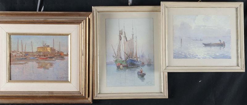 Lotto di tre dipinti con marine di cui due acquerelli  - Auction An important Genoese Heritage - I - Cambi Casa d'Aste