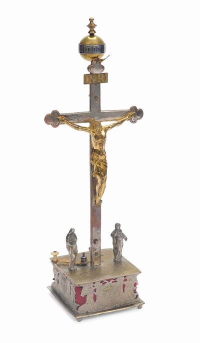 Orologio a Calvario in Bronzo Dorato e Argentato, Francia 1720-1740