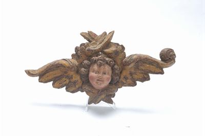 Elemento in Legno Intagliato con Testina di Putto