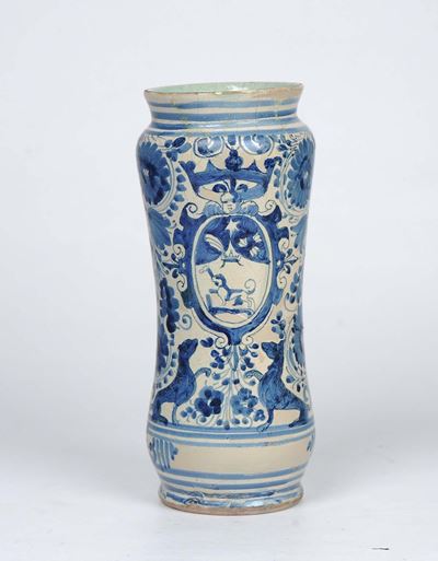 Albarello in Maiolica a Decoro Calligrafico in Monocromia Azzurra, XVIII Secolo