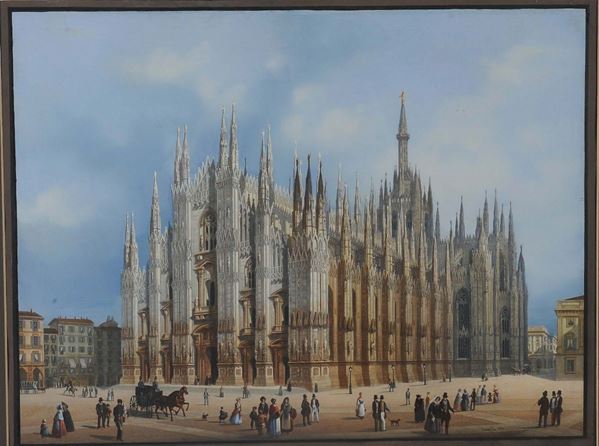 Incisione acquerellata raffigurante il Duomo di Milano, Canella 1830
