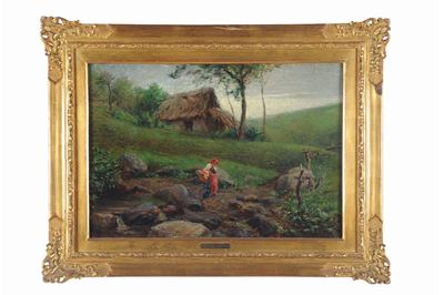 Achille Tominetti (1848-1917)paesaggio con Contadina e Cascinale