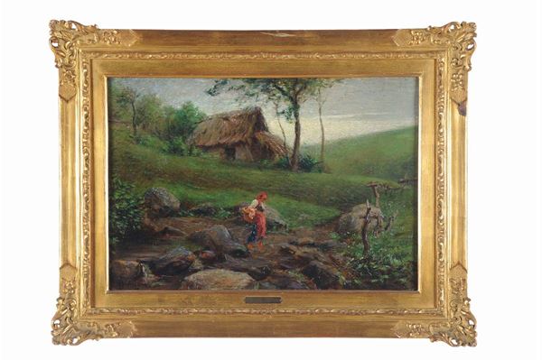 Achille Tominetti (1848-1917) Paesaggio con contadina e cascinale