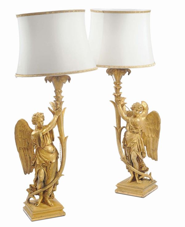 Coppia di angeli in bronzo dorato, XIX-XX secolo