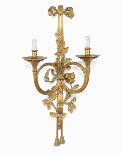 Raro Insieme di Quattro Appliques in Bronzo Dorato a Due Luci, XIX Secolo