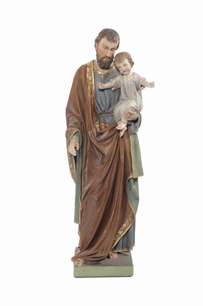 Scultura in Legno Laccato Raffigurante San Giuseppe con Bambino, XX Secolo
