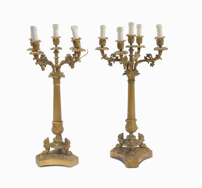 Coppia Candelieri a Cinque Luci in Bronzo Dorato, Francia XIX Secolo