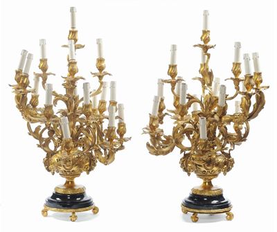 Coppia di Flambeaux in Bronzo Dorato e Marmo a Sedici Luci, Francia Fine XIX Secolo
