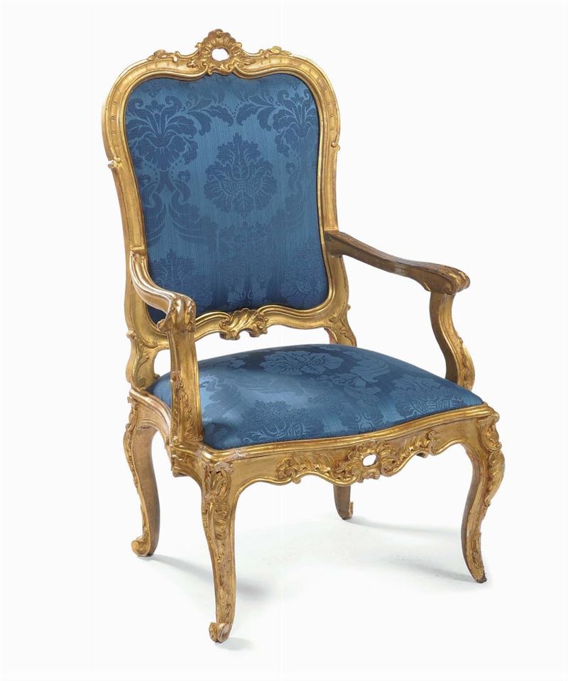 Poltrona Luigi XV in legno intagliato e dorato, XVIII secolo  - Auction Antique and Old Masters - II - Cambi Casa d'Aste