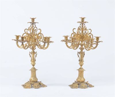 Coppia di Candelieri in Bronzo Dorato Neoclassici a Sette Luci