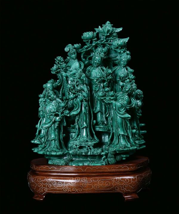 A malachite group with Guanyin and female figures, China 20th century