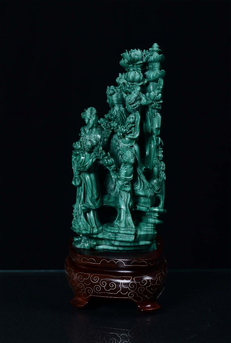 Gruppo in Malachite con Guanyin e Figure Femminili, Cina XX Secolo
