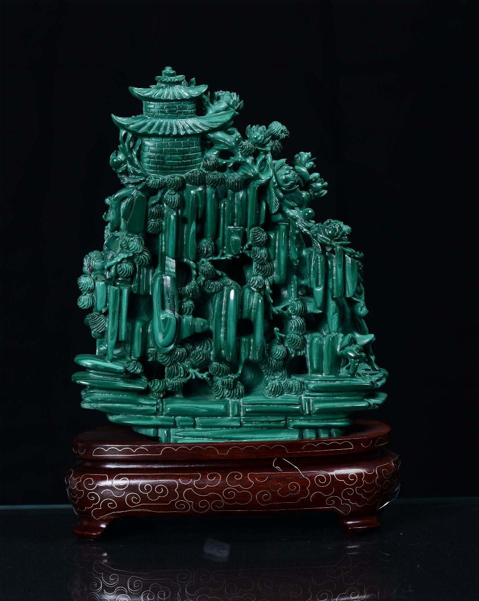Gruppo in Malachite con Guanyin e Figure Femminili, Cina XX Secolo