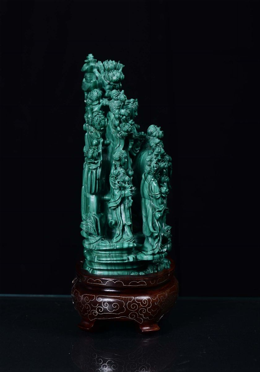 Gruppo in Malachite con Guanyin e Figure Femminili, Cina XX Secolo