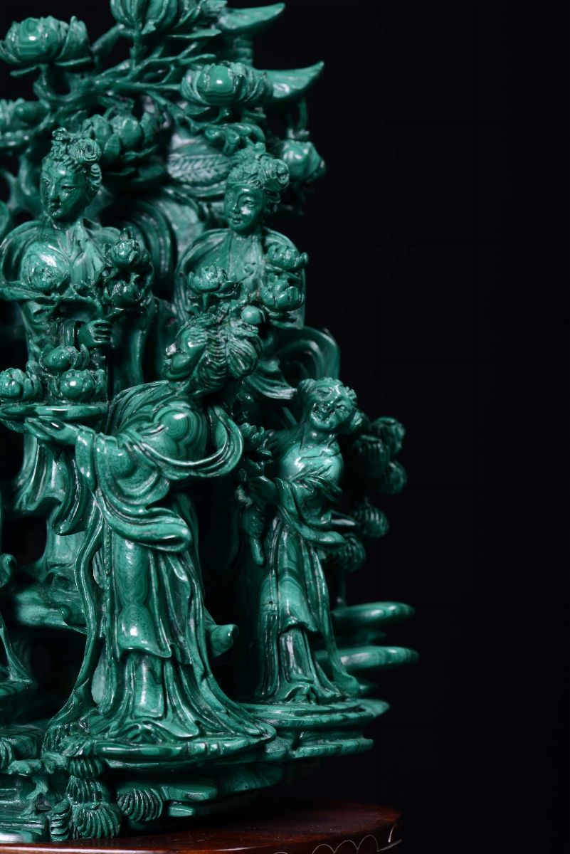 Gruppo in Malachite con Guanyin e Figure Femminili, Cina XX Secolo