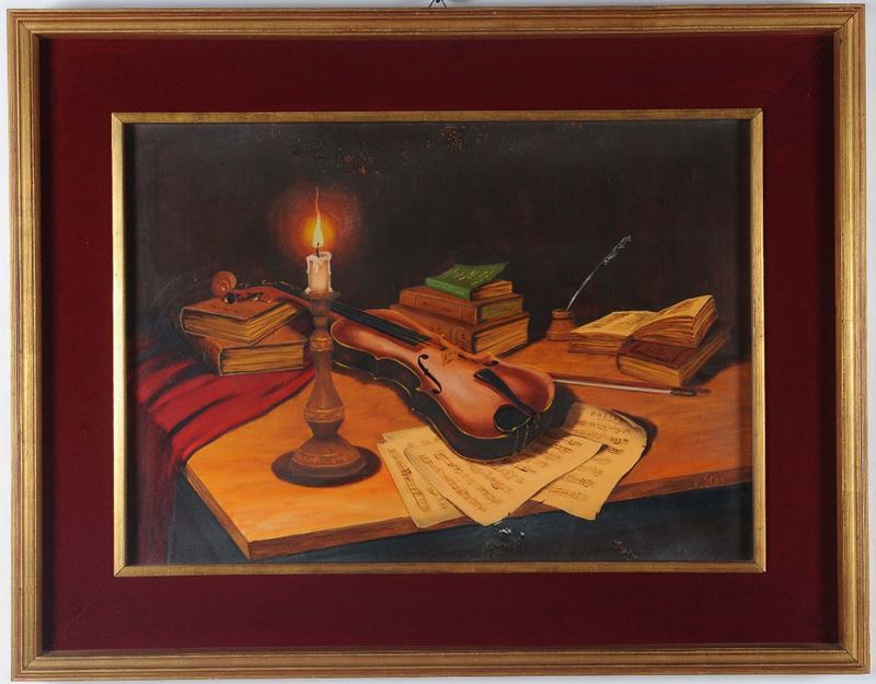 Anonimo del XX secolo Natura morta con violino  - Auction Antique and Old Masters - II - Cambi Casa d'Aste