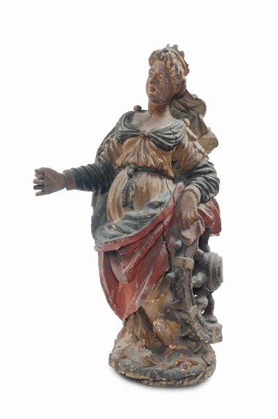 Scultura in Legno Intagliato e Laccato Raffigurante Santa Caterina, XVIII Secolo