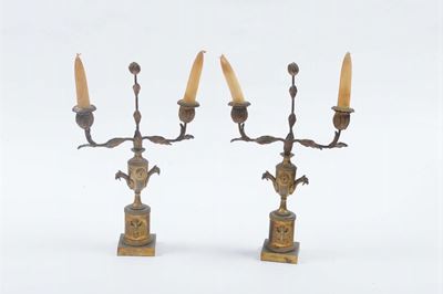 Coppia di Candelieri in Bronzo Dorato a Due Luci