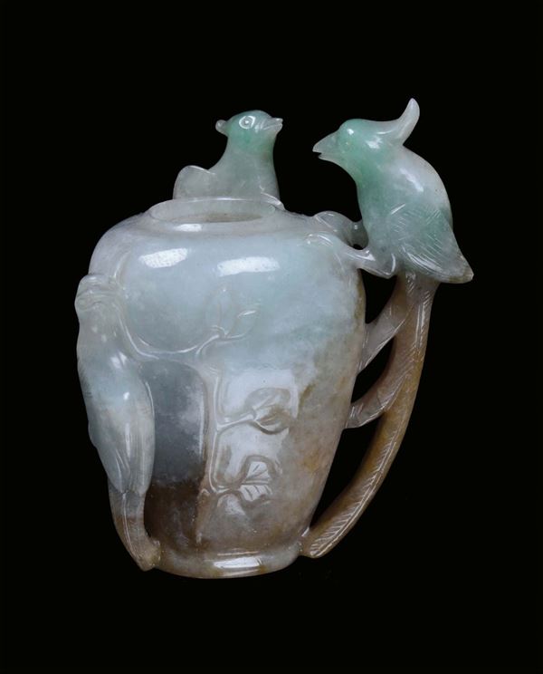 A small jadeite vase with little birds, China, Qing Dynasty, 19th century