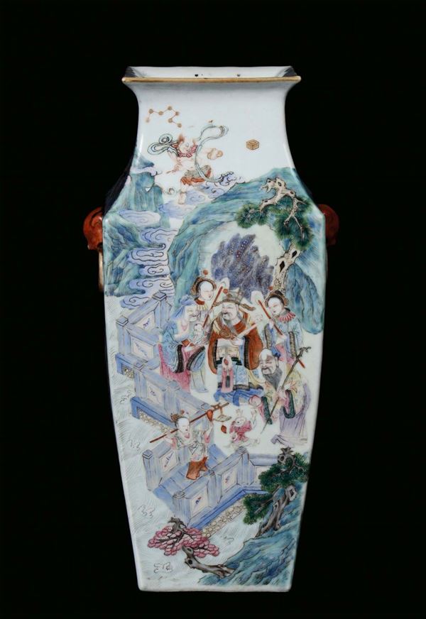 A squared section porcelain vase, China, Qing Dynasty, end 19th centuryPolychrome decoration with landscapes and figures