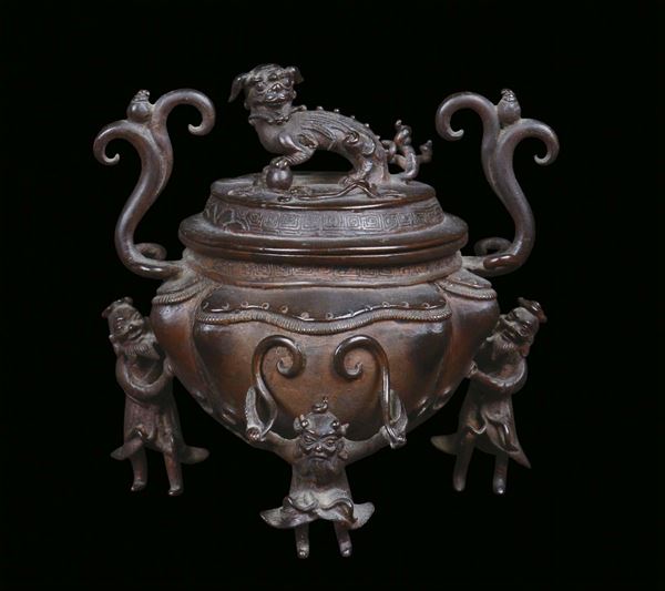 A rare bronze censer, China, Qing Dynasty, end 19th centuryLobed body lying on small mythological figures