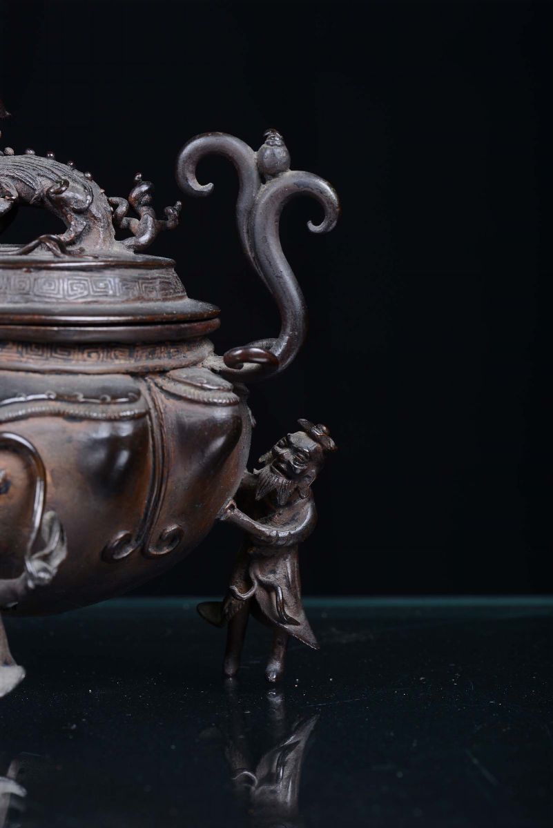 Raro Incensiere in Bronzo Brunito, Cina, Dinastia Qing, Fine XIX Secolo