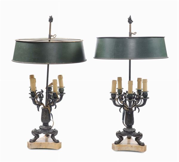 Coppia di lampade in bronzo e marmo