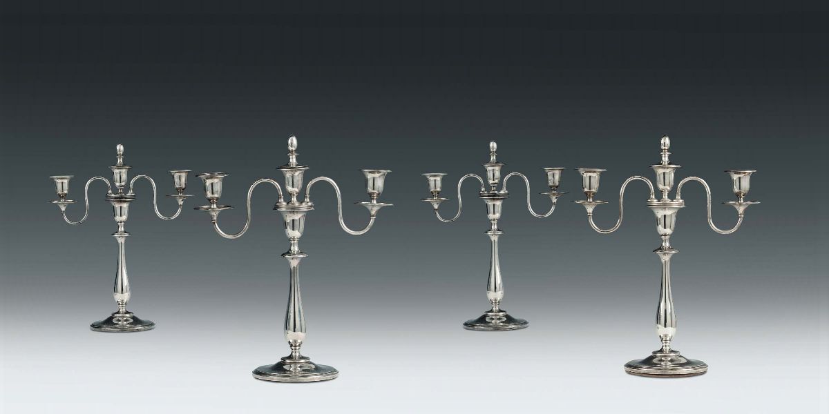 Serie di Quattro Candelabri in Argento a Tre Luci, Milano Emanuele Caber (1812-1850)