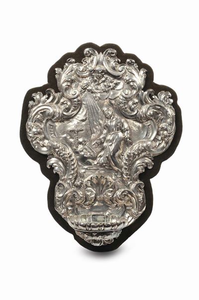 Acquasantiera in Argento Sbalzato con San Francesco, Roma Camerale del Bollatore Angelo Cervosi (...