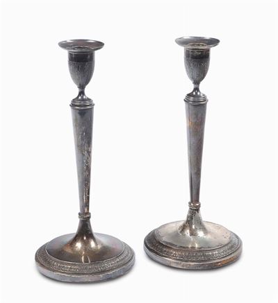 Coppia di Candelieri con Base a Bobeches Incise a Palmette, Roma, Luigi Pagliari (1828-1853)