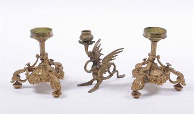 Lotto Composto da Tre Candelieri e Due Fiorentine in Ottone, XIX Secolo