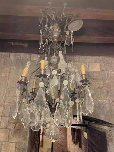 Lampadario a Otto Luci in Ottone e Cristallo