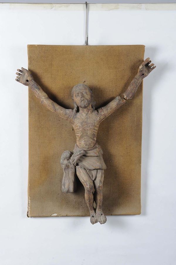 Cristo in legno scolpito e dipinto in policromia. Spagna (?) inizi XVI secolo