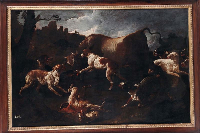 Philipp Peter Roos detto Rosa da Tivoli (Sankt Goar 1655/57 - Roma 1706) Toro con cani  - Asta Dipinti Antichi - Cambi Casa d'Aste