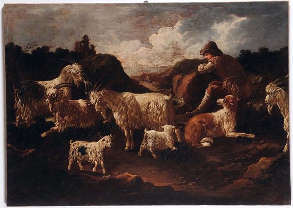 Philipp Peter Roos detto Rosa da Tivoli (Sankt Goar 1655/57 - Roma 1706) Pastore con cane e capre