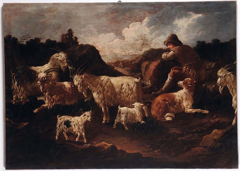 Philipp Peter Roos detto Rosa da Tivoli (Sankt Goar 1655/57 - Roma 1706) Pastore con cane e capre  - Asta Dipinti Antichi - Cambi Casa d'Aste