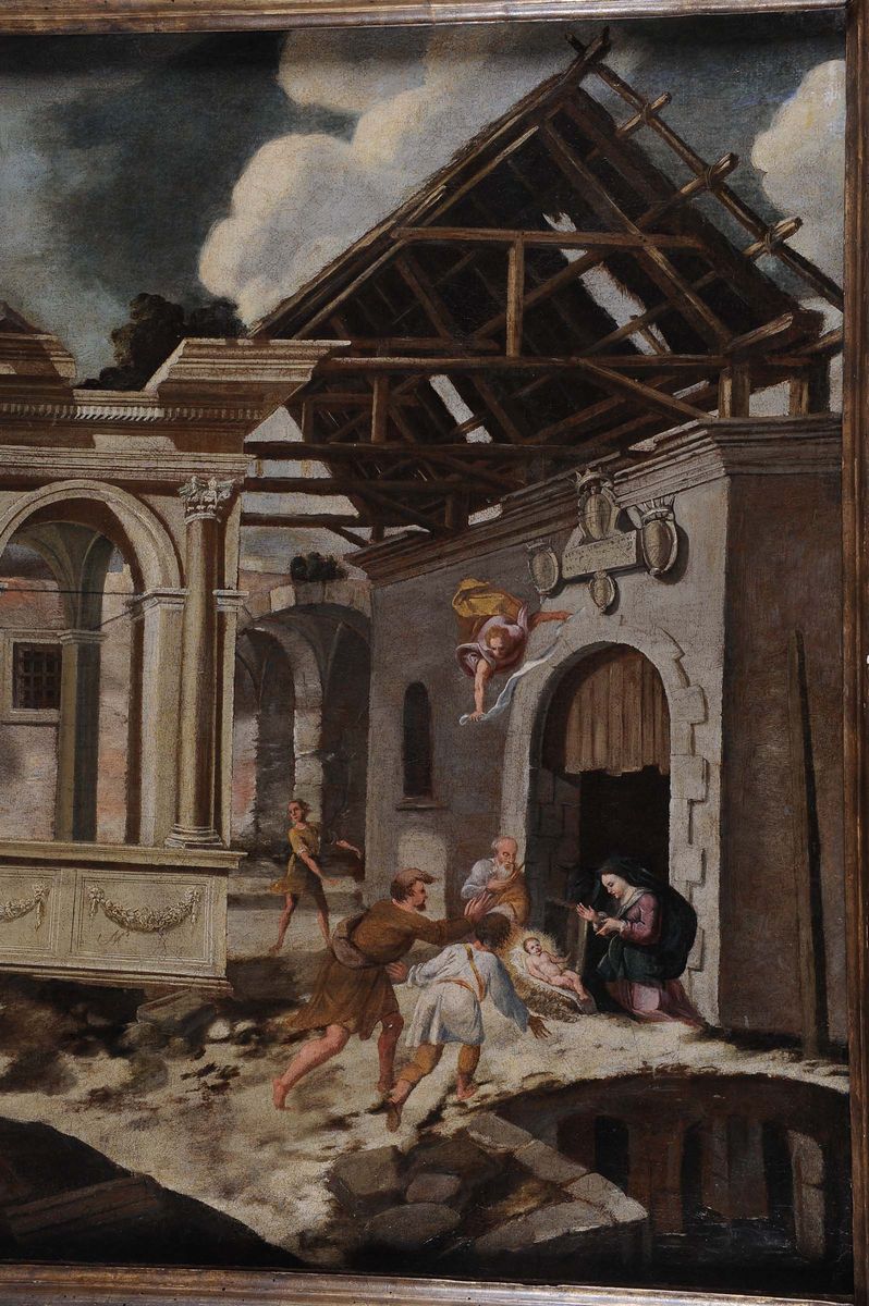 Scuola Francese del XVII Secoloarchitetture con Adorazione dei Pastori