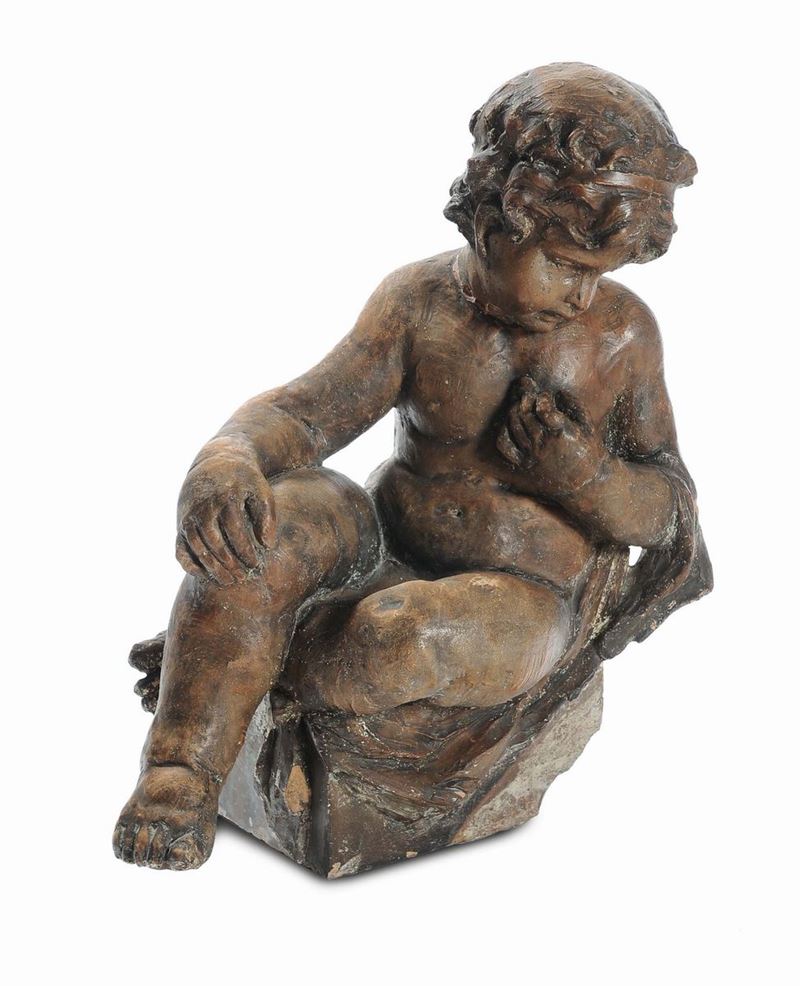 Anonimo scultore genovese del XVIII secolo Putto seduto  - Asta Antiquariato, Affidamenti da raffinate dimore private - Cambi Casa d'Aste