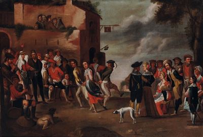 Scuola fiamminga del XVIII secolo, Festa campestre, olio su tela