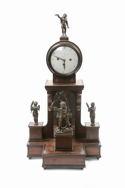 Pendola da Tavolo in Legno con Putti in Bronzo, Joseph Szymanski a Leopol