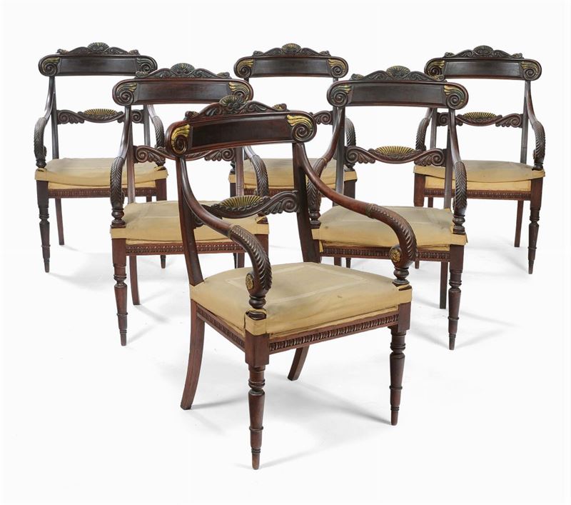 Sei poltrone Carlo X in mogano, stampigliate Peters, Genova XIX secolo  - Auction Antique and Old Masters - II - Cambi Casa d'Aste